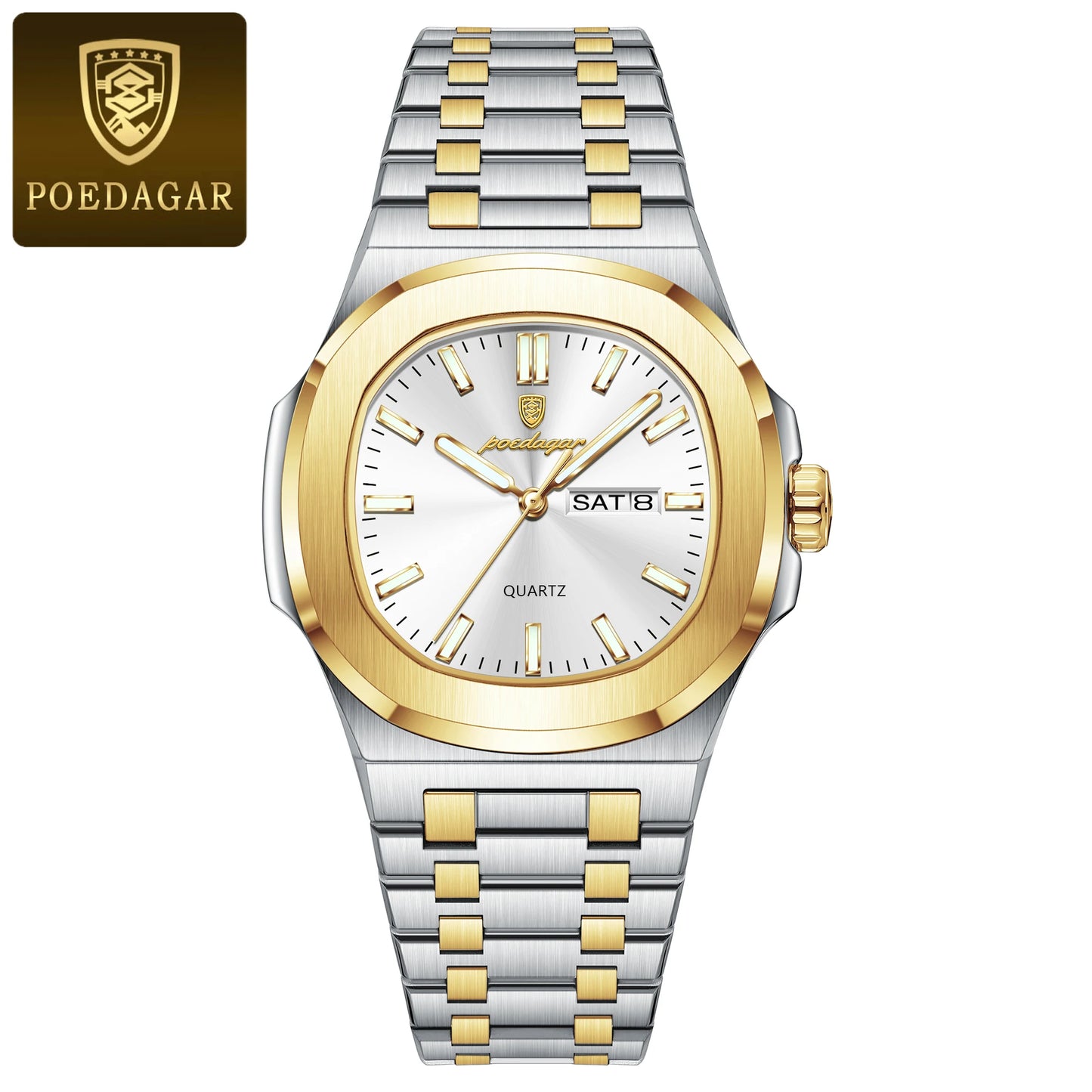 POEDAGAR Original Square Watches For Men Week Date Stainless Steel Man Watch Luminous Waterproof Luxury Men's Quartz Wristwatch