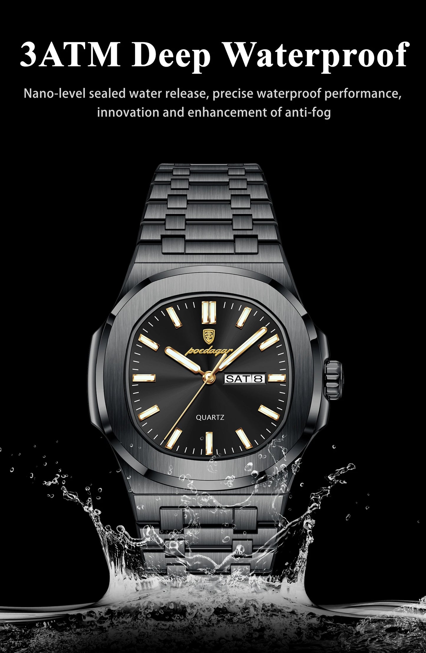 POEDAGAR Original Square Watches For Men Week Date Stainless Steel Man Watch Luminous Waterproof Luxury Men's Quartz Wristwatch