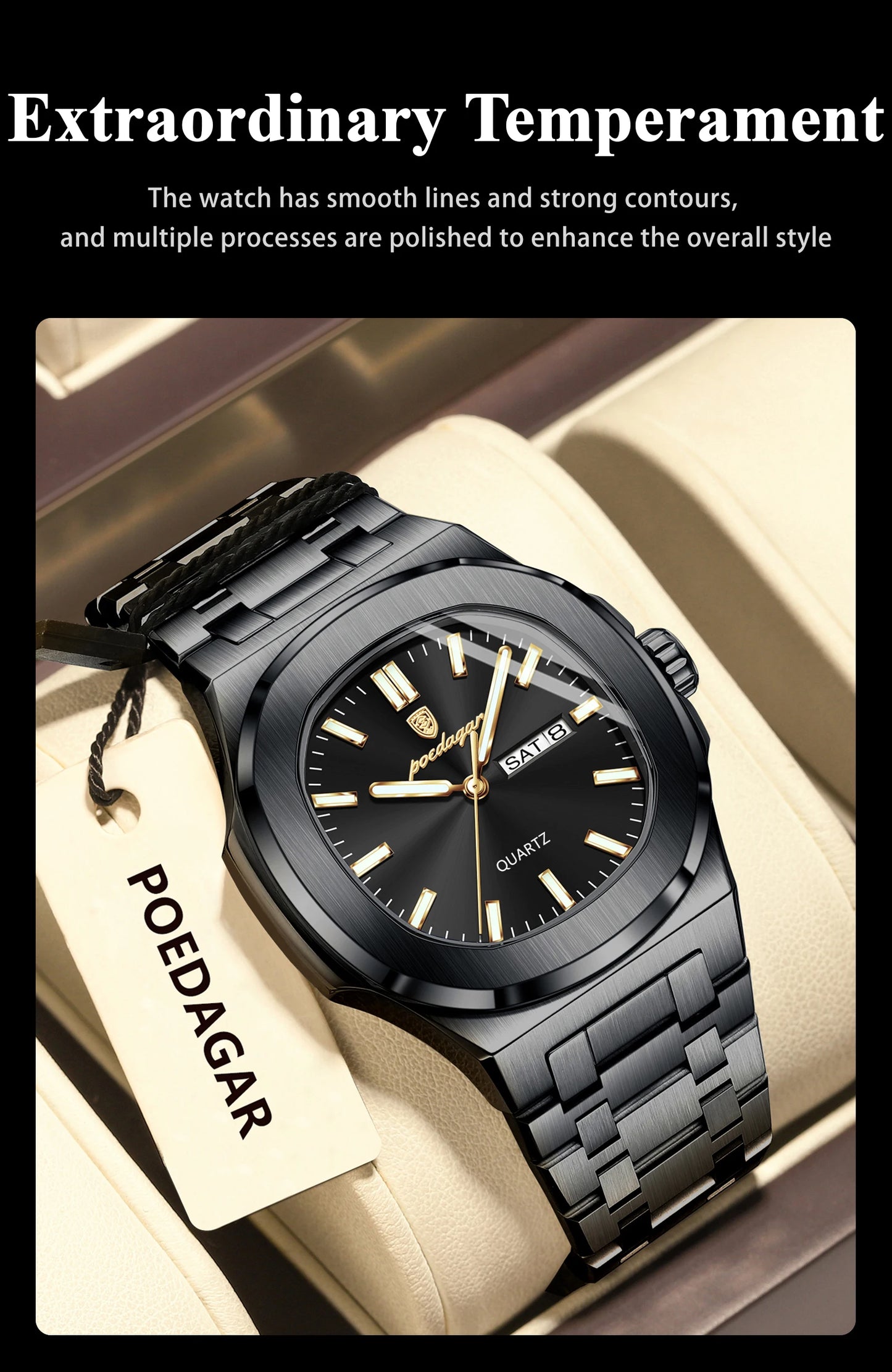 POEDAGAR Original Square Watches For Men Week Date Stainless Steel Man Watch Luminous Waterproof Luxury Men's Quartz Wristwatch