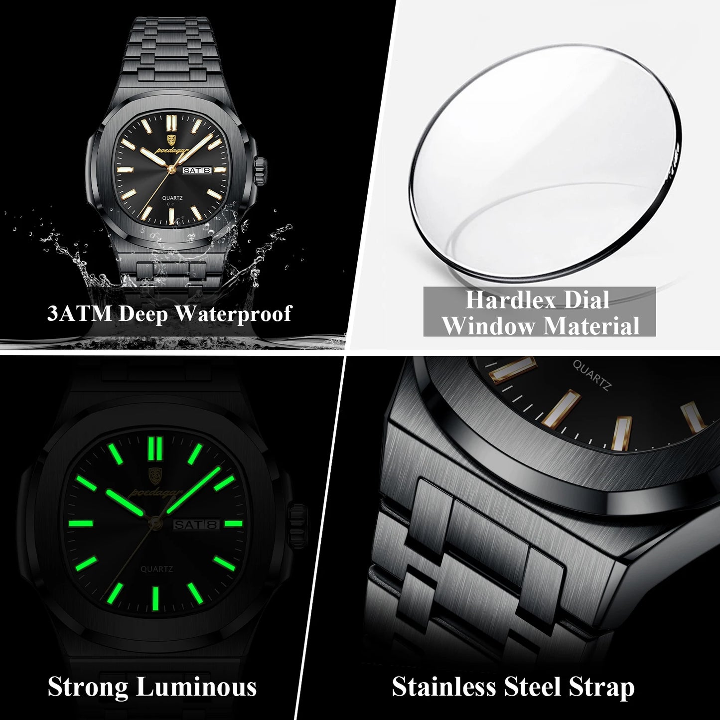 POEDAGAR Original Square Watches For Men Week Date Stainless Steel Man Watch Luminous Waterproof Luxury Men's Quartz Wristwatch
