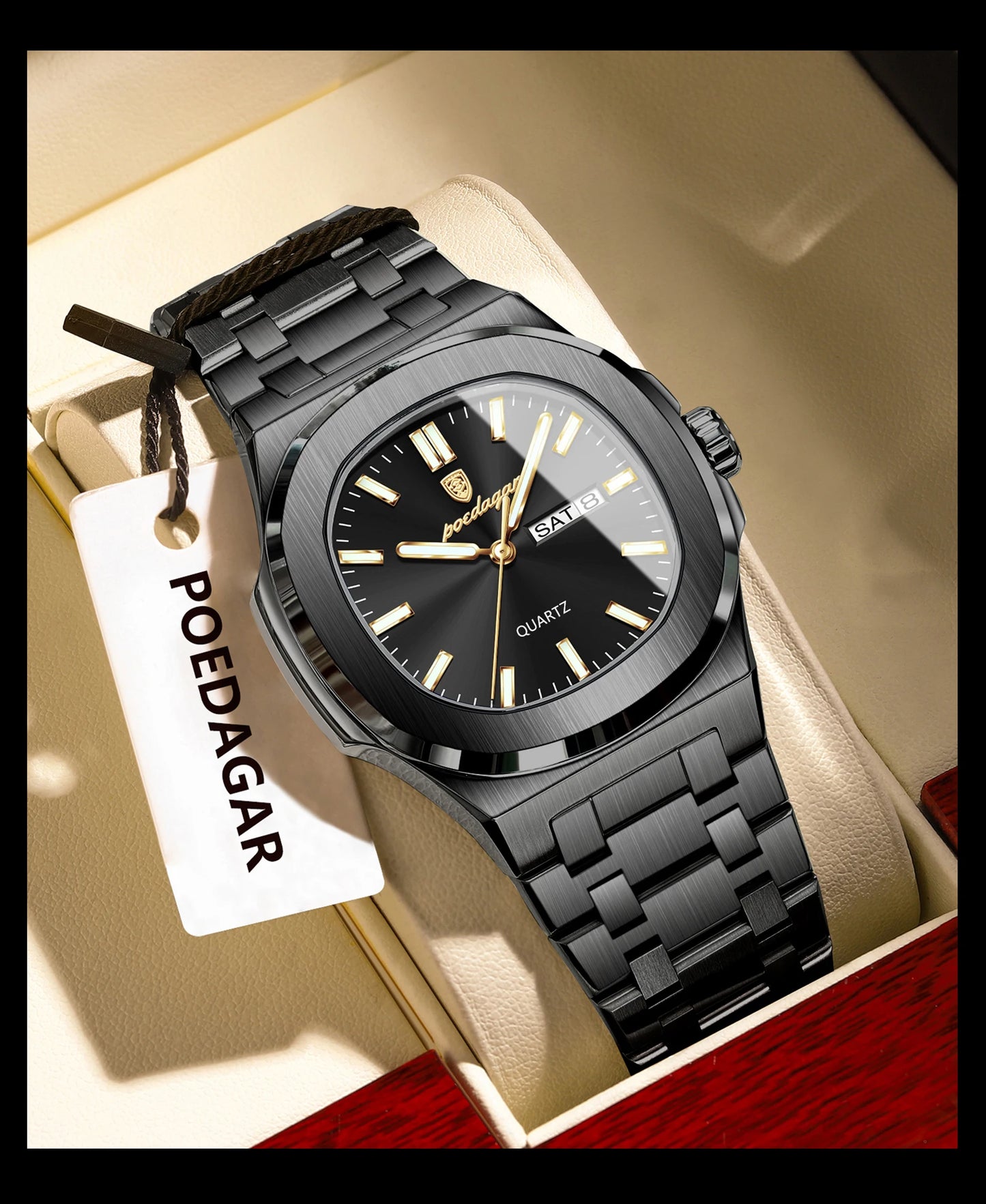 POEDAGAR Original Square Watches For Men Week Date Stainless Steel Man Watch Luminous Waterproof Luxury Men's Quartz Wristwatch