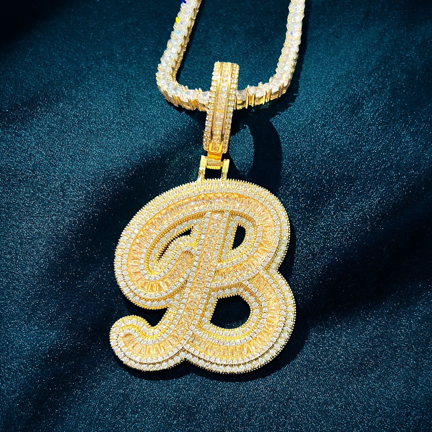CUC Initials Baguette Cursive Letter Pendant Necklace For Men Women Iced Out Hip Hop Chain Fashion Rock Jewelry Gift A-Z