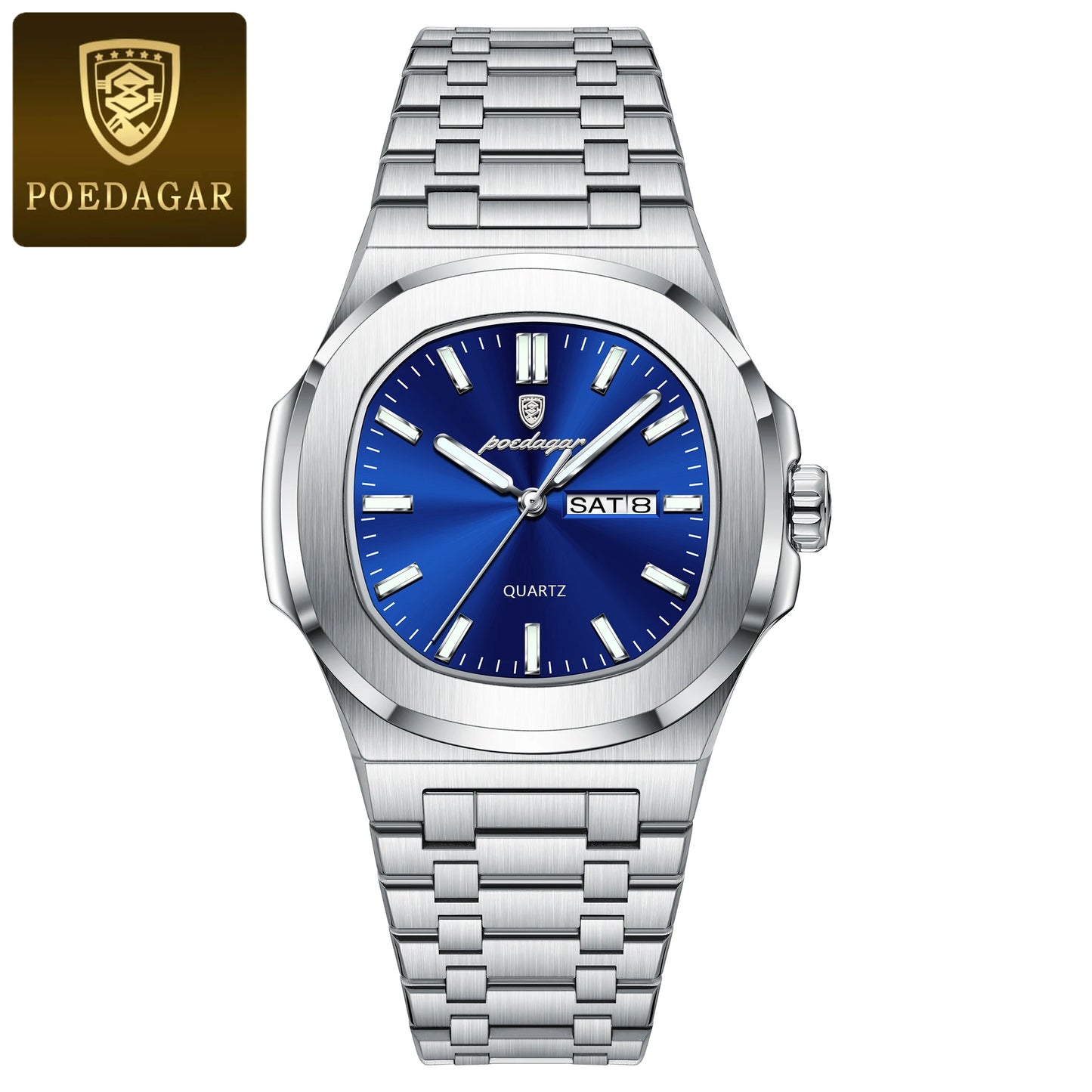 POEDAGAR Original Square Watches For Men Week Date Stainless Steel Man Watch Luminous Waterproof Luxury Men's Quartz Wristwatch