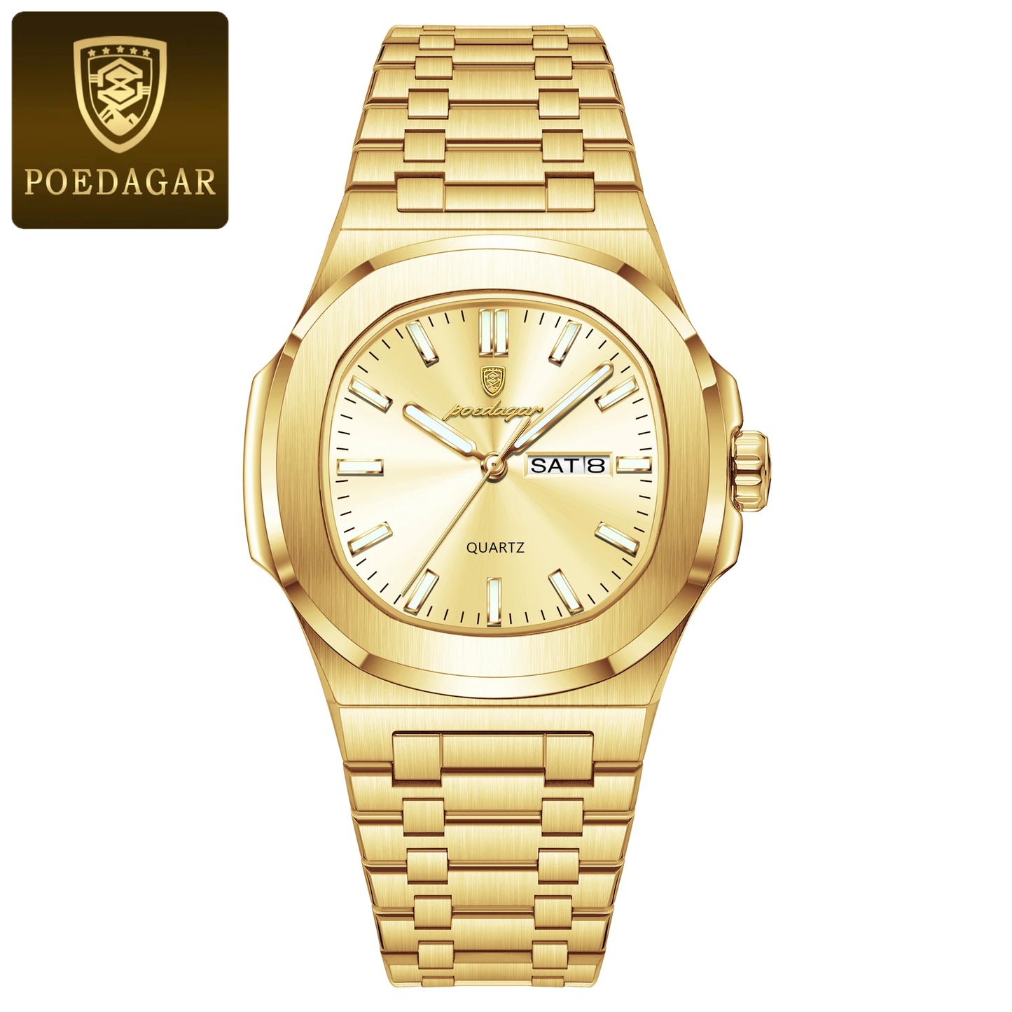 POEDAGAR Original Square Watches For Men Week Date Stainless Steel Man Watch Luminous Waterproof Luxury Men's Quartz Wristwatch