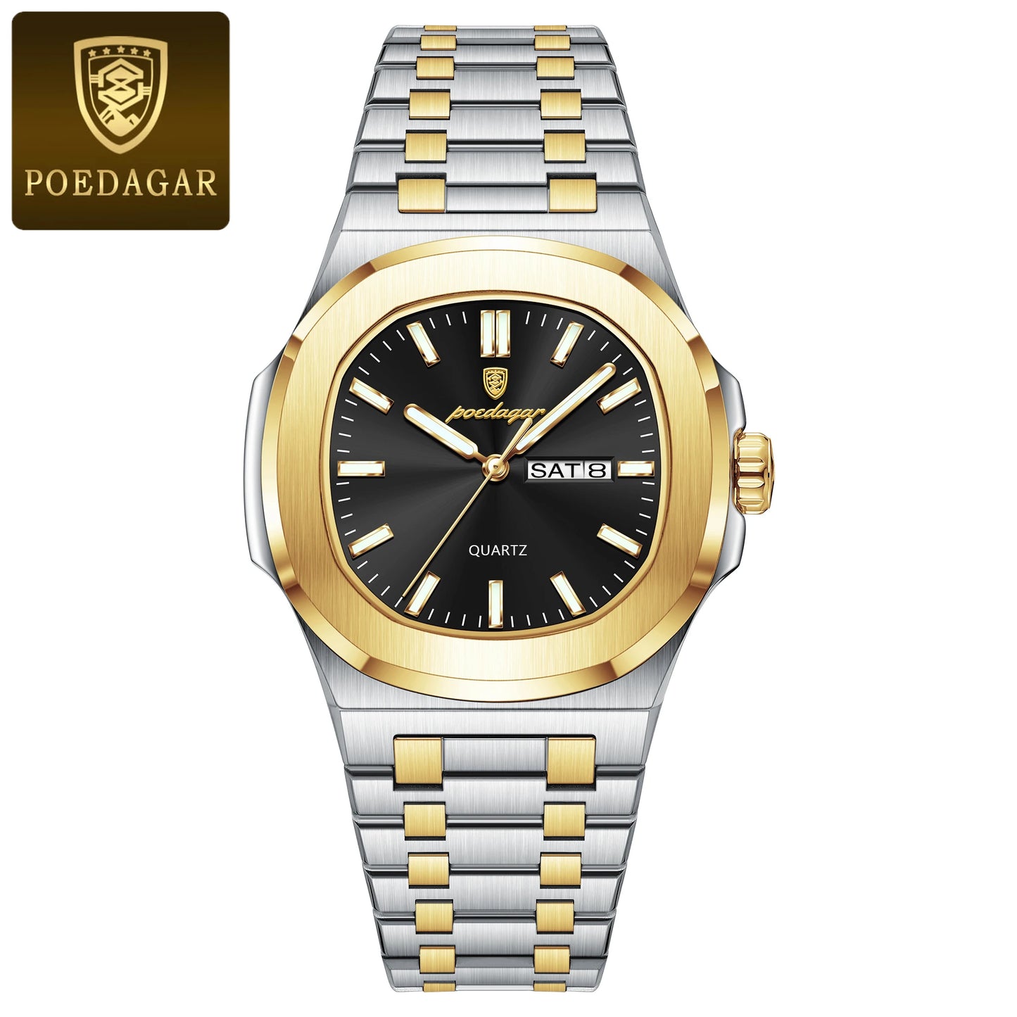POEDAGAR Original Square Watches For Men Week Date Stainless Steel Man Watch Luminous Waterproof Luxury Men's Quartz Wristwatch