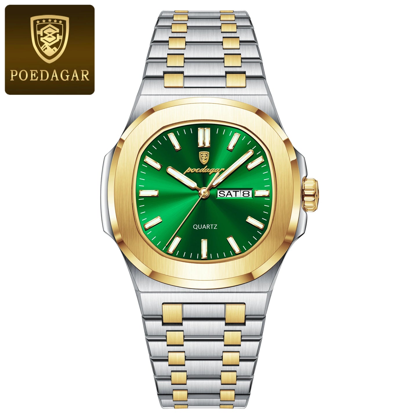 POEDAGAR Original Square Watches For Men Week Date Stainless Steel Man Watch Luminous Waterproof Luxury Men's Quartz Wristwatch