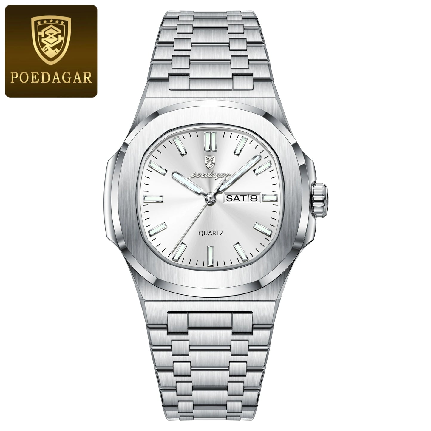 POEDAGAR Original Square Watches For Men Week Date Stainless Steel Man Watch Luminous Waterproof Luxury Men's Quartz Wristwatch