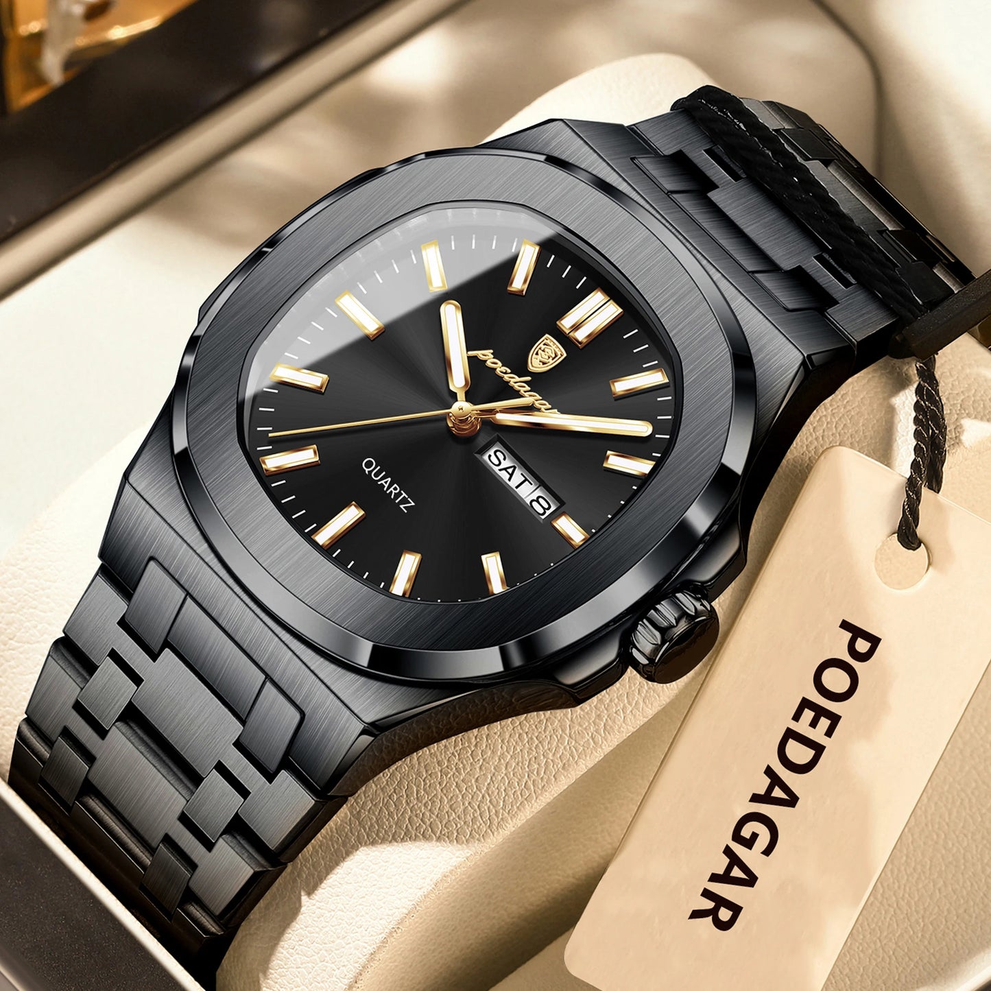 POEDAGAR Original Square Watches For Men Week Date Stainless Steel Man Watch Luminous Waterproof Luxury Men's Quartz Wristwatch