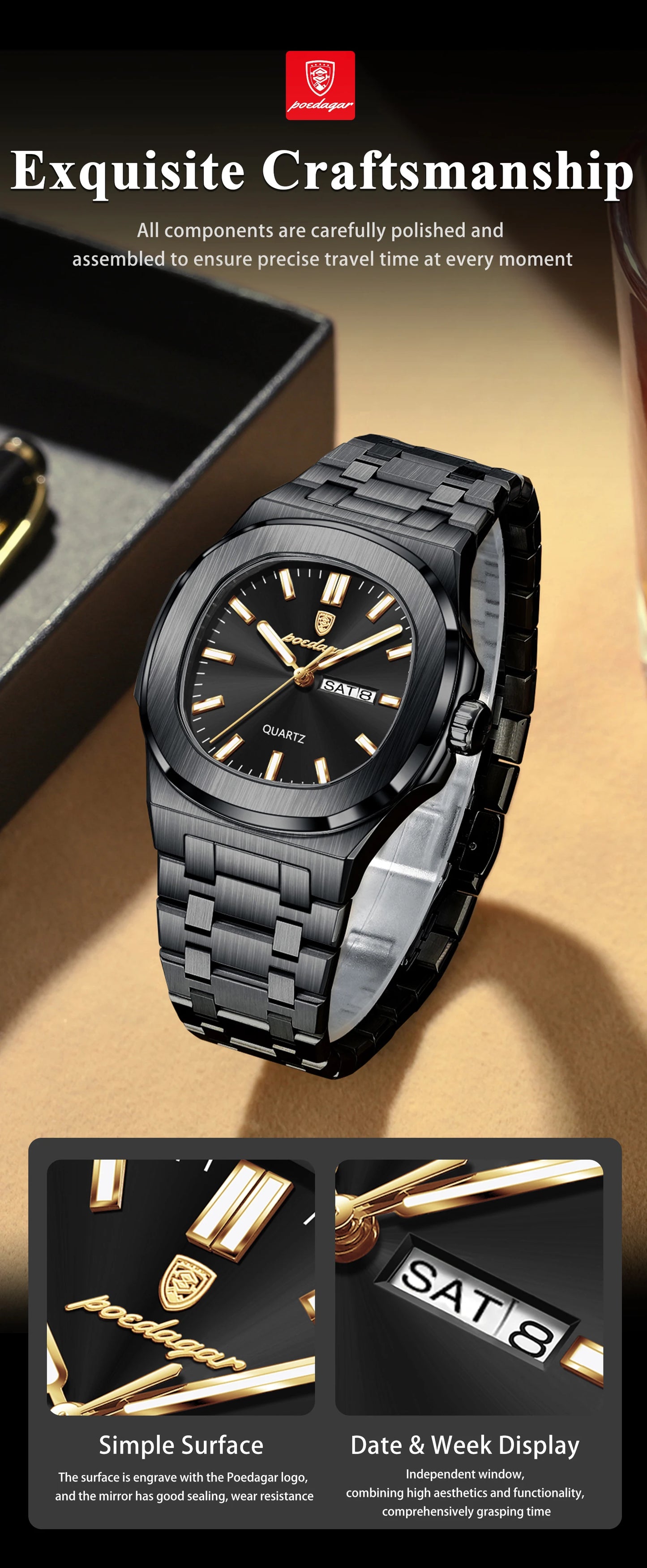 POEDAGAR Original Square Watches For Men Week Date Stainless Steel Man Watch Luminous Waterproof Luxury Men's Quartz Wristwatch