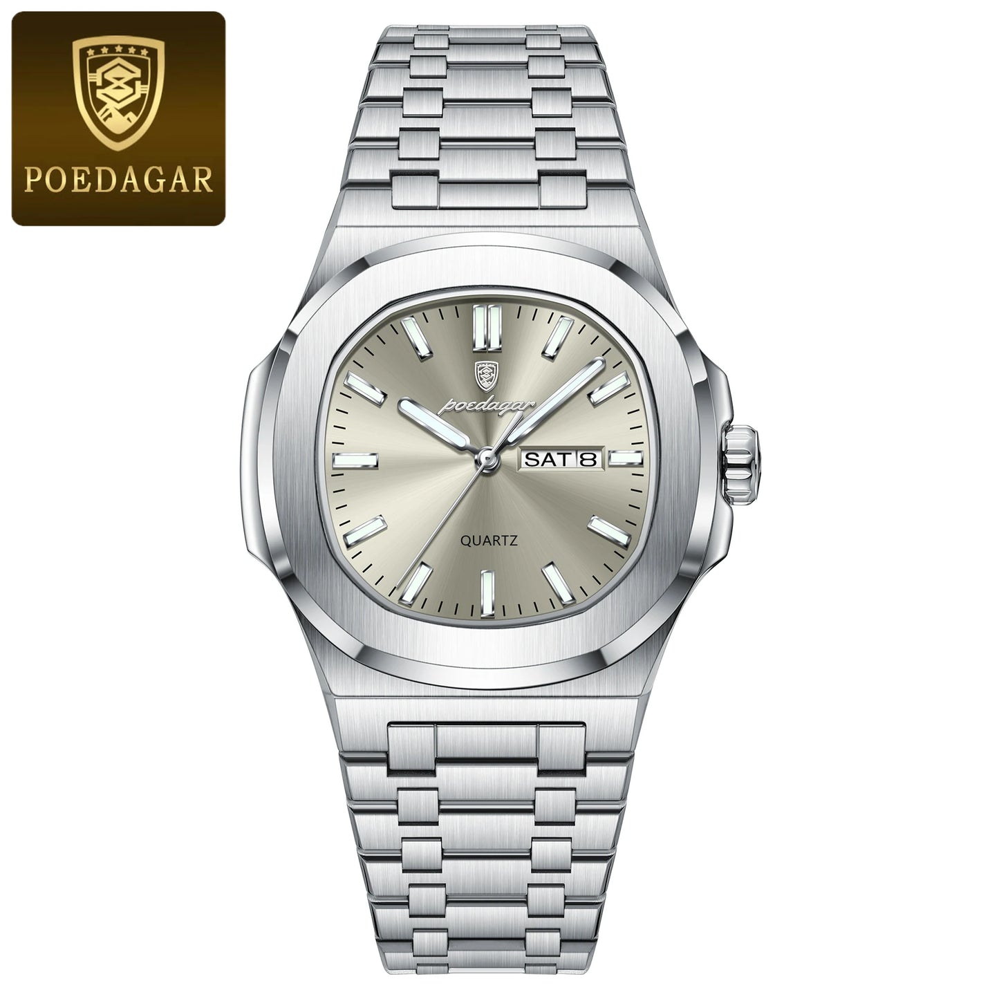 POEDAGAR Original Square Watches For Men Week Date Stainless Steel Man Watch Luminous Waterproof Luxury Men's Quartz Wristwatch
