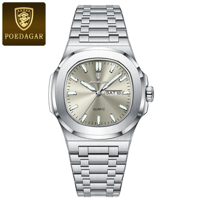 POEDAGAR Original Square Watches For Men Week Date Stainless Steel Man Watch Luminous Waterproof Luxury Men's Quartz Wristwatch
