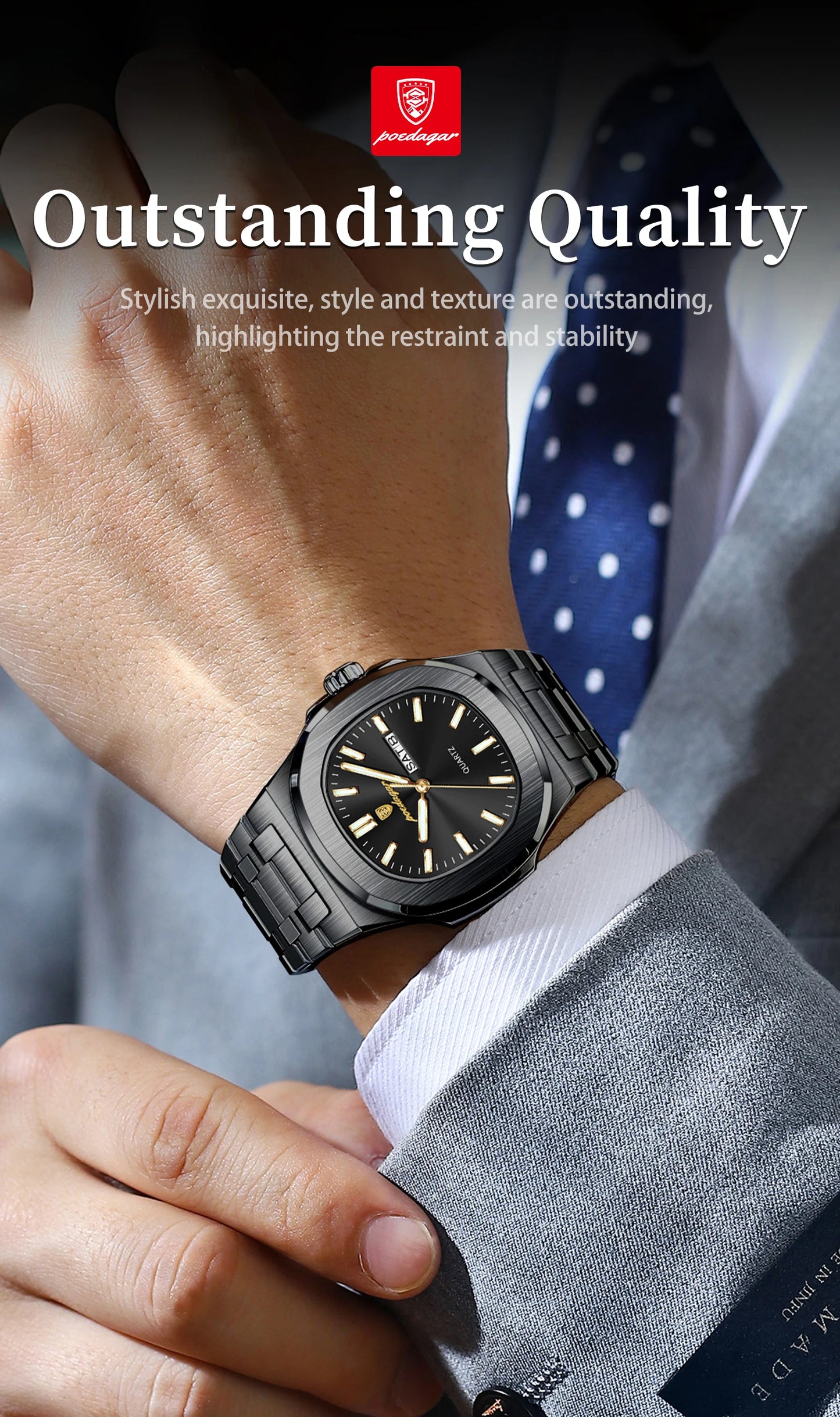 POEDAGAR Original Square Watches For Men Week Date Stainless Steel Man Watch Luminous Waterproof Luxury Men's Quartz Wristwatch