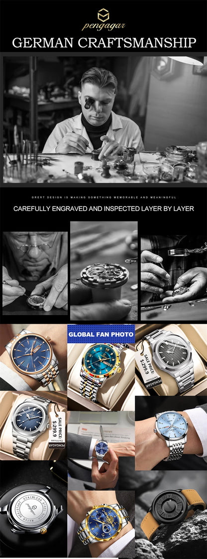 PENGAGAR Luxury Quartz Man Wristwatch Sport Men Watches Waterproof Luminous Date Week Stainless Steel Men's Watch Male Reloj+box