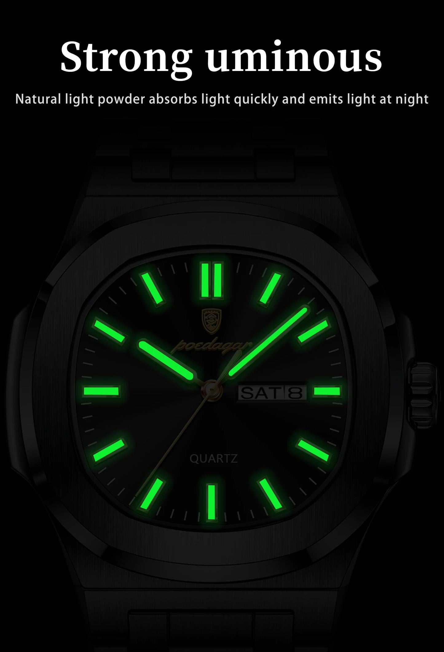 POEDAGAR Original Square Watches For Men Week Date Stainless Steel Man Watch Luminous Waterproof Luxury Men's Quartz Wristwatch
