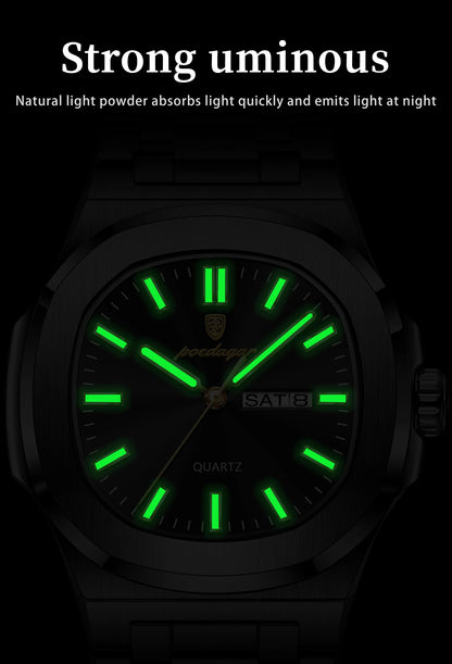 POEDAGAR Original Square Watches For Men Week Date Stainless Steel Man Watch Luminous Waterproof Luxury Men's Quartz Wristwatch