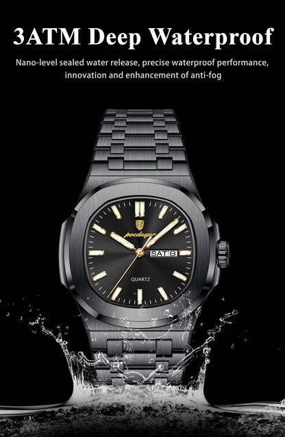 POEDAGAR Original Square Watches For Men Week Date Stainless Steel Man Watch Luminous Waterproof Luxury Men's Quartz Wristwatch