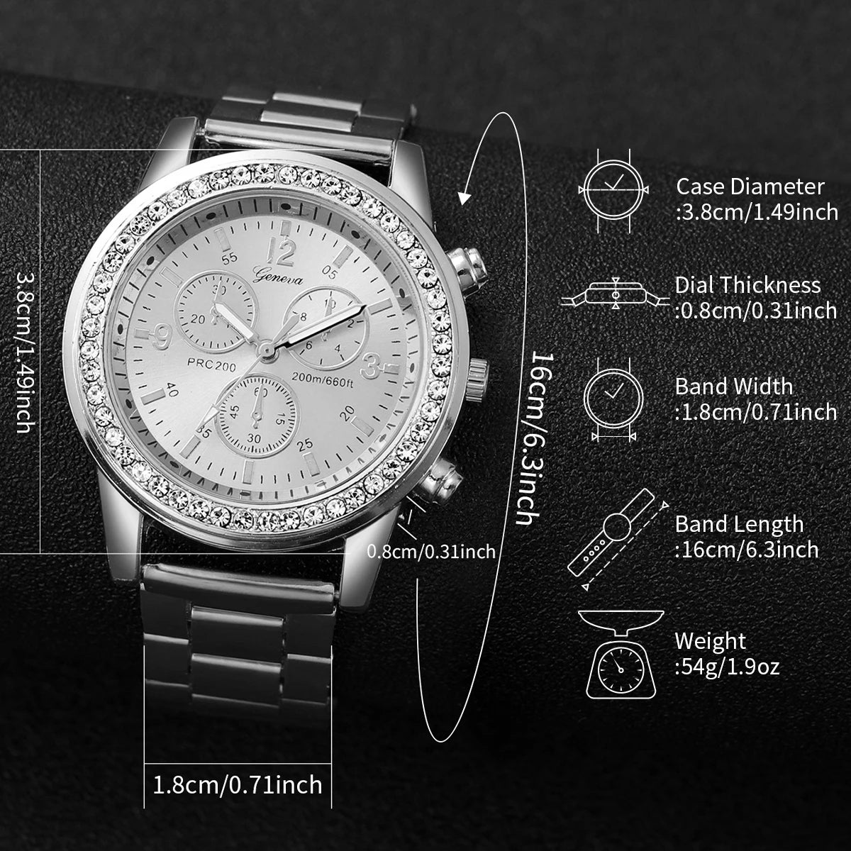 4PCS/Set Fashion Rhinestone Women‘s Watch Stainless Steel Band Quartz Watches Silver Bracelets Set