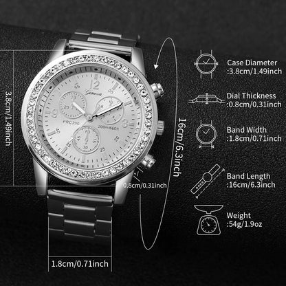 4PCS/Set Fashion Rhinestone Women‘s Watch Stainless Steel Band Quartz Watches Silver Bracelets Set
