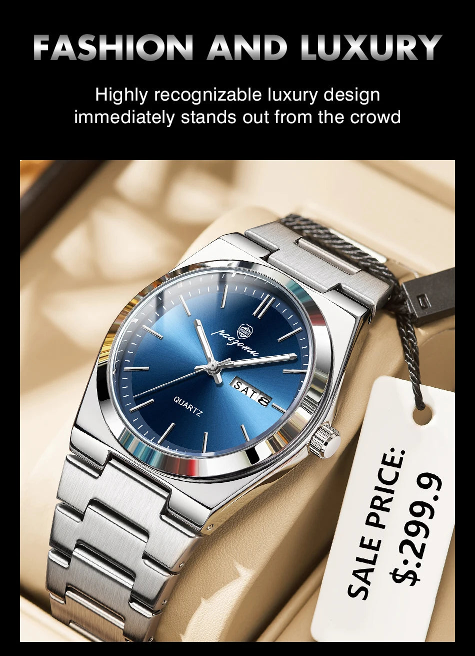 PENGAGAR Luxury Quartz Man Wristwatch Sport Men Watches Waterproof Luminous Date Week Stainless Steel Men's Watch Male Reloj+box