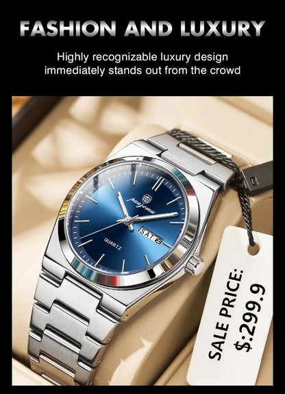 PENGAGAR Luxury Quartz Man Wristwatch Sport Men Watches Waterproof Luminous Date Week Stainless Steel Men's Watch Male Reloj+box