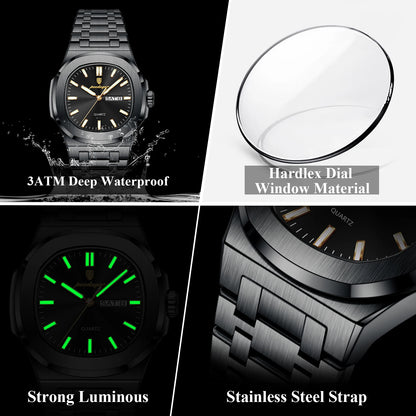 POEDAGAR Original Square Watches For Men Week Date Stainless Steel Man Watch Luminous Waterproof Luxury Men's Quartz Wristwatch