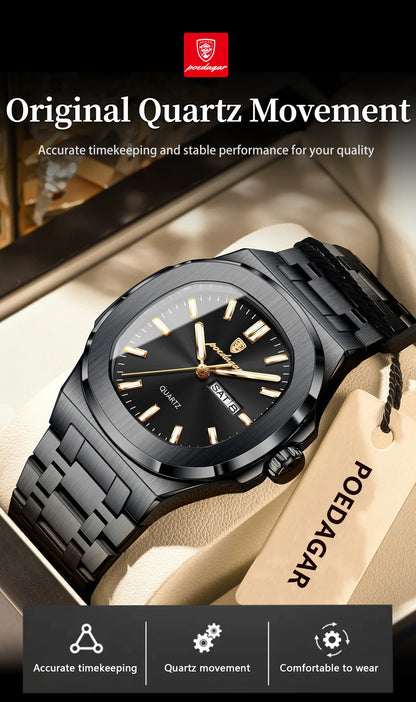 POEDAGAR Original Square Watches For Men Week Date Stainless Steel Man Watch Luminous Waterproof Luxury Men's Quartz Wristwatch