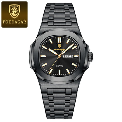 POEDAGAR Original Square Watches For Men Week Date Stainless Steel Man Watch Luminous Waterproof Luxury Men's Quartz Wristwatch