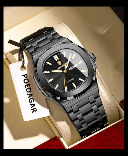 POEDAGAR Original Square Watches For Men Week Date Stainless Steel Man Watch Luminous Waterproof Luxury Men's Quartz Wristwatch