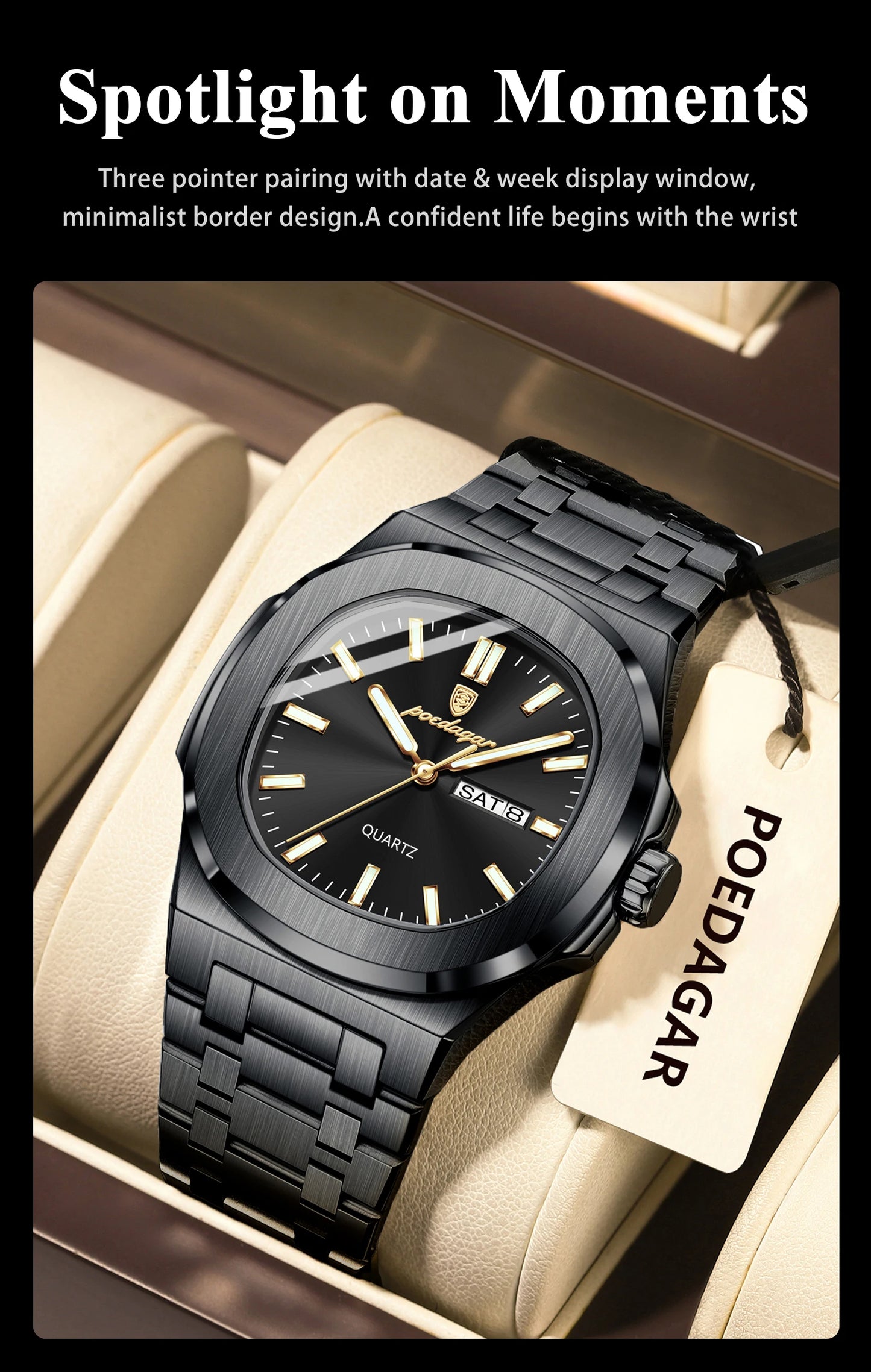 POEDAGAR Original Square Watches For Men Week Date Stainless Steel Man Watch Luminous Waterproof Luxury Men's Quartz Wristwatch