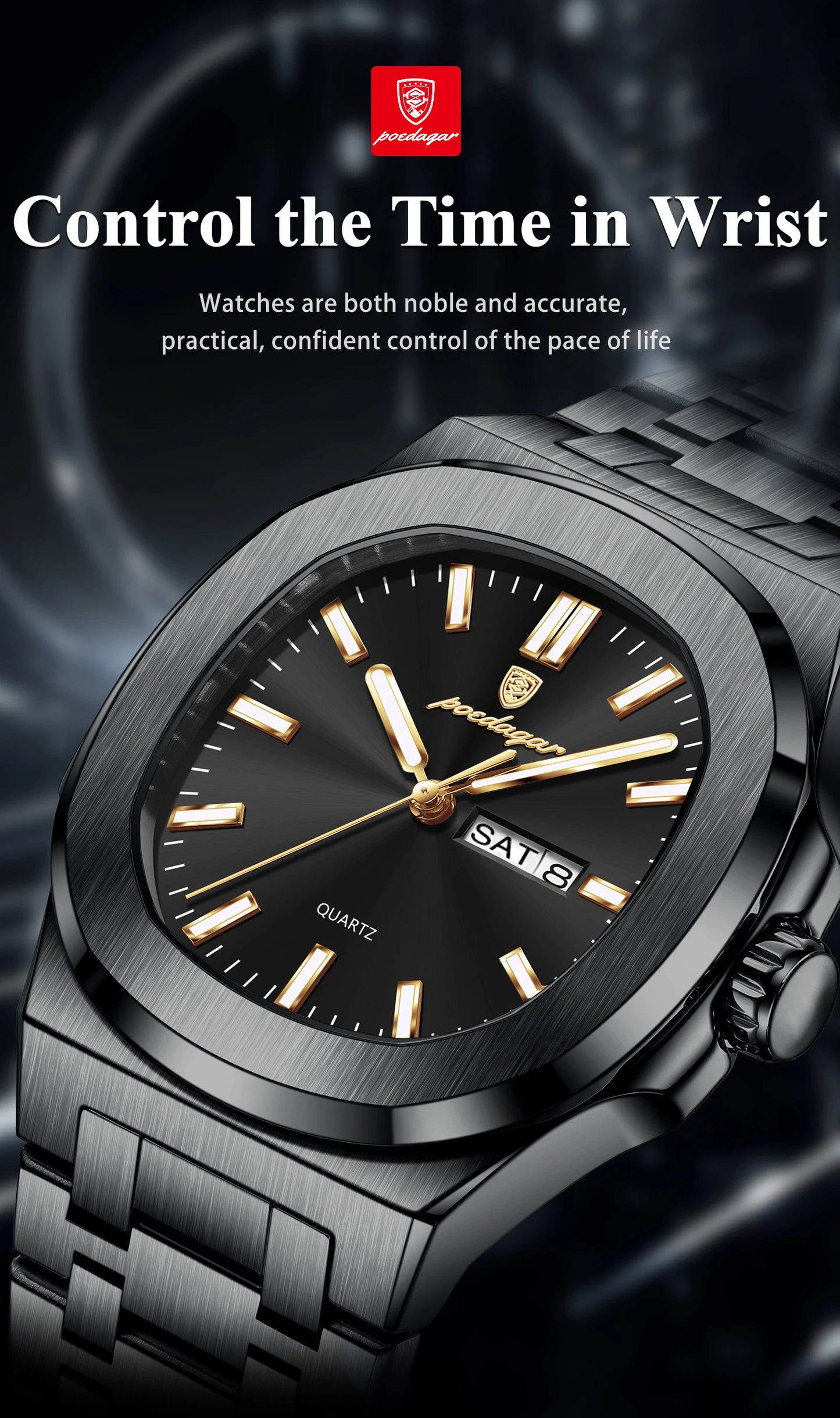 POEDAGAR Original Square Watches For Men Week Date Stainless Steel Man Watch Luminous Waterproof Luxury Men's Quartz Wristwatch