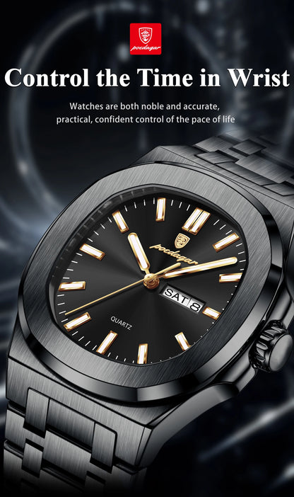 POEDAGAR Original Square Watches For Men Week Date Stainless Steel Man Watch Luminous Waterproof Luxury Men's Quartz Wristwatch