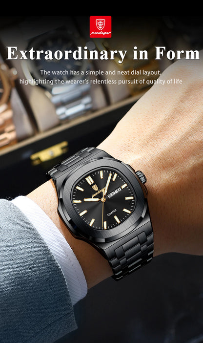 POEDAGAR Original Square Watches For Men Week Date Stainless Steel Man Watch Luminous Waterproof Luxury Men's Quartz Wristwatch