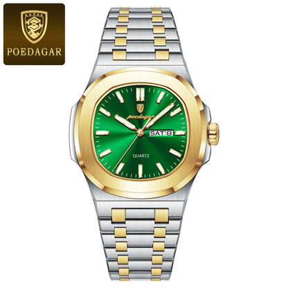POEDAGAR Original Square Watches For Men Week Date Stainless Steel Man Watch Luminous Waterproof Luxury Men's Quartz Wristwatch