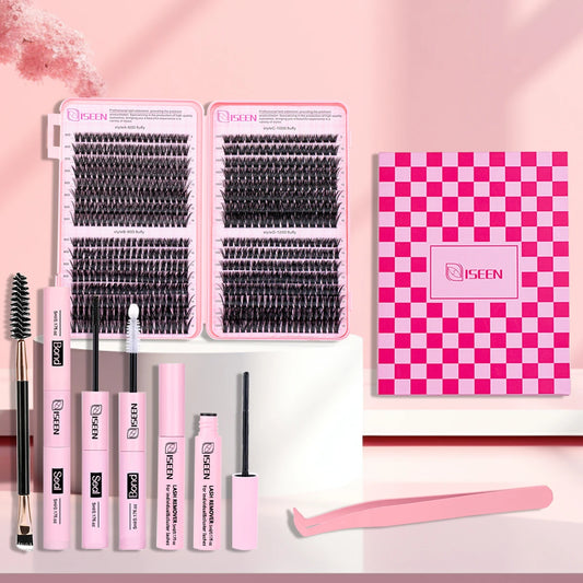 ISEEN DIY Segmented False Eyelash Set Large Capacity Cluster Eyelash Book With Glue,Remove GLue,Twezeer,Brush,Festival gift