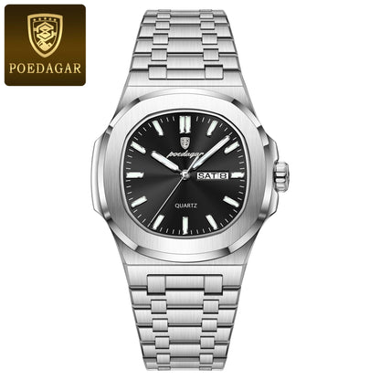 POEDAGAR Original Square Watches For Men Week Date Stainless Steel Man Watch Luminous Waterproof Luxury Men's Quartz Wristwatch