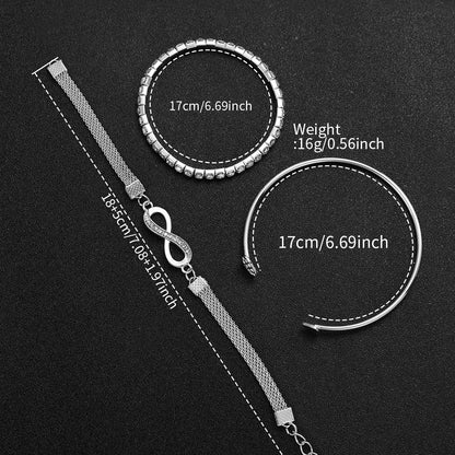 4PCS/Set Fashion Rhinestone Women‘s Watch Stainless Steel Band Quartz Watches Silver Bracelets Set