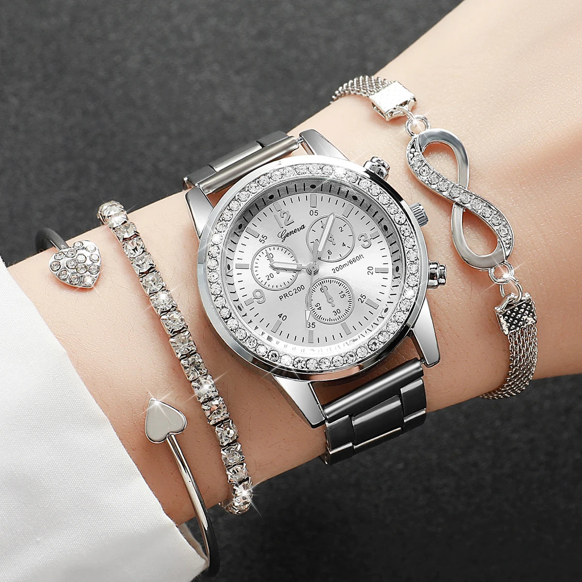 4PCS/Set Fashion Rhinestone Women‘s Watch Stainless Steel Band Quartz Watches Silver Bracelets Set