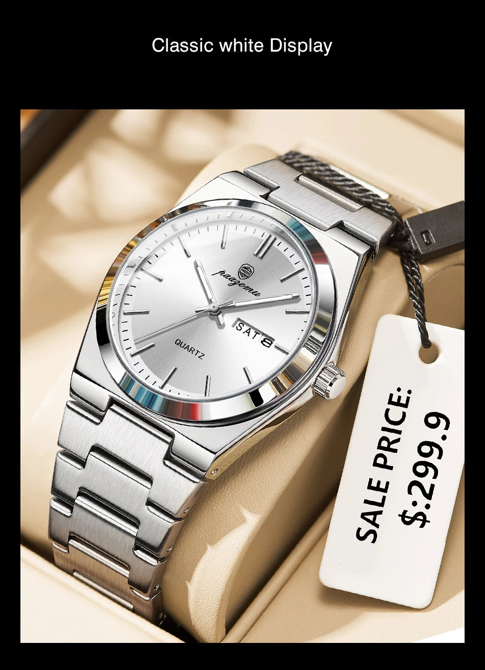 PENGAGAR Luxury Quartz Man Wristwatch Sport Men Watches Waterproof Luminous Date Week Stainless Steel Men's Watch Male Reloj+box