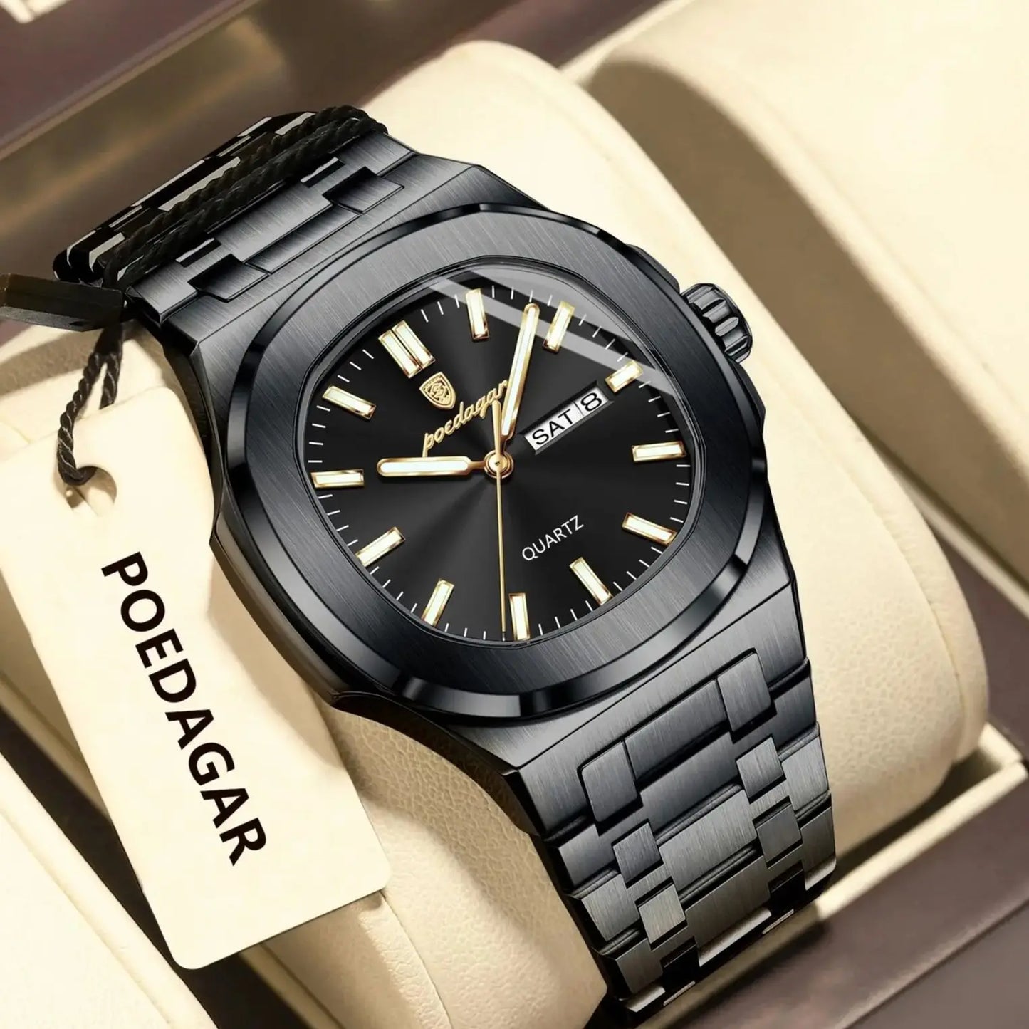 POEDAGAR Original Square Watches For Men Week Date Stainless Steel Man Watch Luminous Waterproof Luxury Men's Quartz Wristwatch