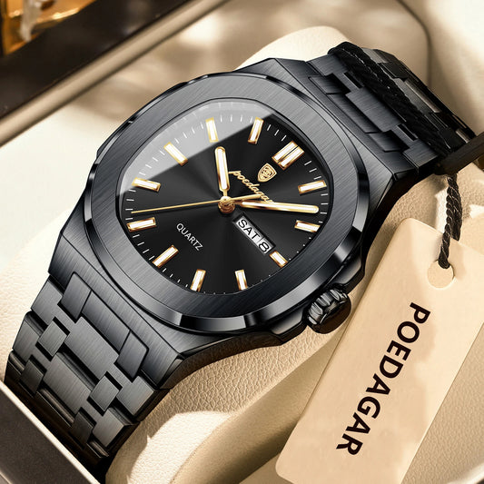 POEDAGAR Original Square Watches For Men Week Date Stainless Steel Man Watch Luminous Waterproof Luxury Men's Quartz Wristwatch