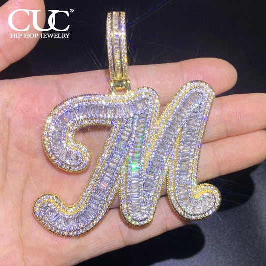 CUC Initials Baguette Cursive Letter Pendant Necklace For Men Women Iced Out Hip Hop Chain Fashion Rock Jewelry Gift A-Z
