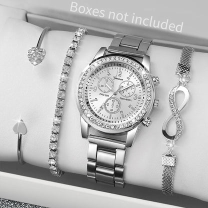 4PCS/Set Fashion Rhinestone Women‘s Watch Stainless Steel Band Quartz Watches Silver Bracelets Set