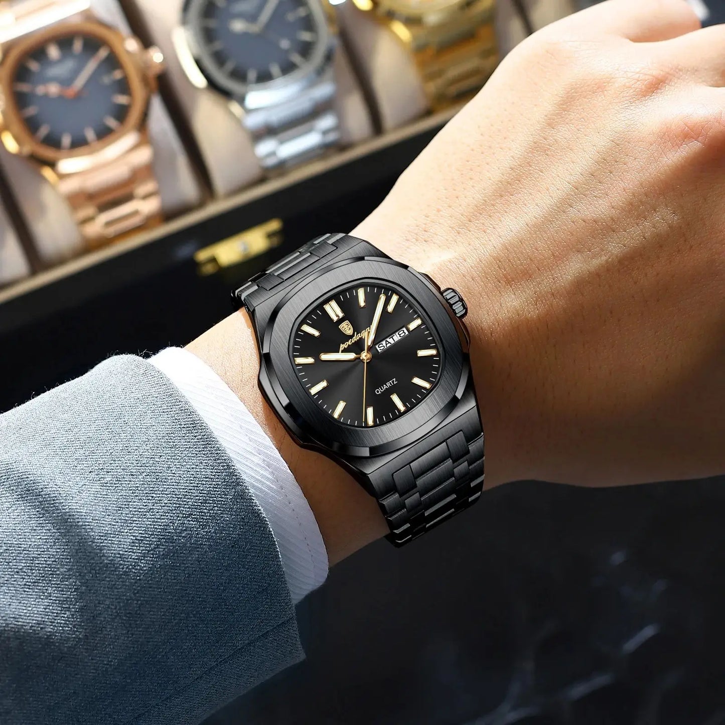 POEDAGAR Original Square Watches For Men Week Date Stainless Steel Man Watch Luminous Waterproof Luxury Men's Quartz Wristwatch