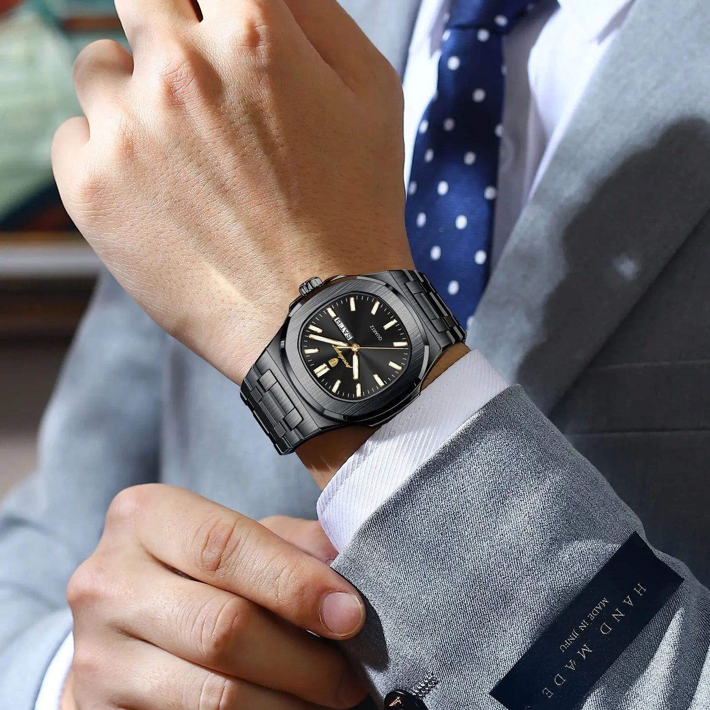 POEDAGAR Original Square Watches For Men Week Date Stainless Steel Man Watch Luminous Waterproof Luxury Men's Quartz Wristwatch