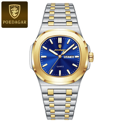 POEDAGAR Original Square Watches For Men Week Date Stainless Steel Man Watch Luminous Waterproof Luxury Men's Quartz Wristwatch