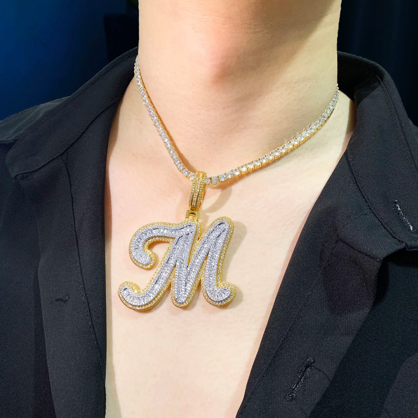 CUC Initials Baguette Cursive Letter Pendant Necklace For Men Women Iced Out Hip Hop Chain Fashion Rock Jewelry Gift A-Z